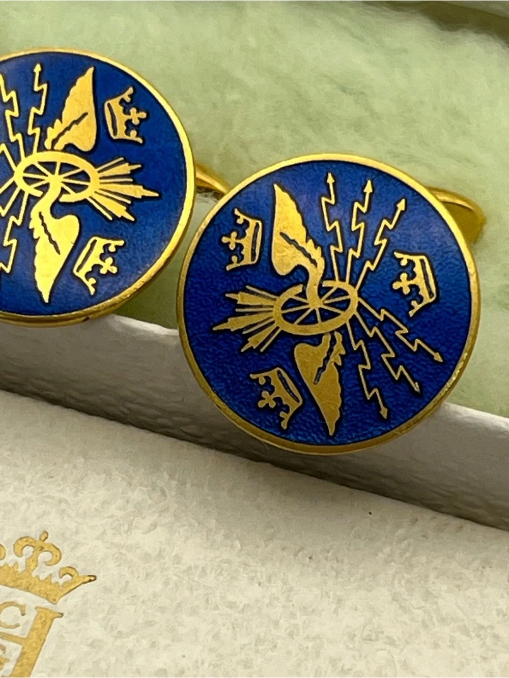 Sporrong Co Blue Enamel Swedish Emblem Cuff Links Cufflinks Crown gold tone